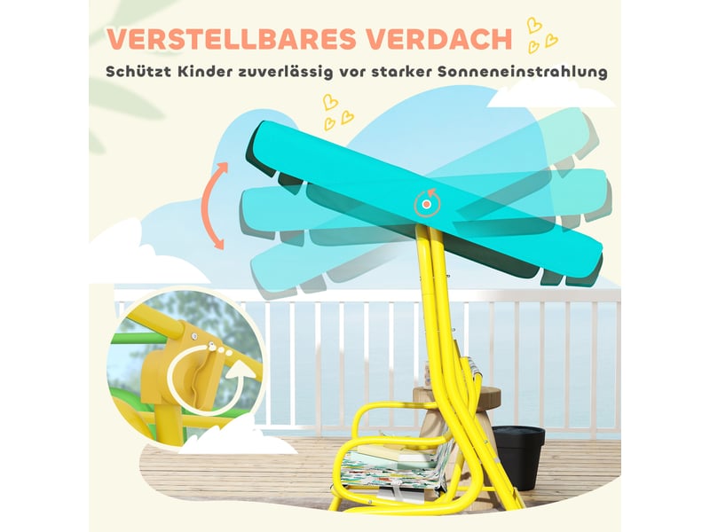  Balançoire hollywood 2 places enfant, pare-soleil réglable, ceinture sécurité. 3-6 ans, jusqu'à 60kg, 112x75x120 cm, verte.  - Conforama E