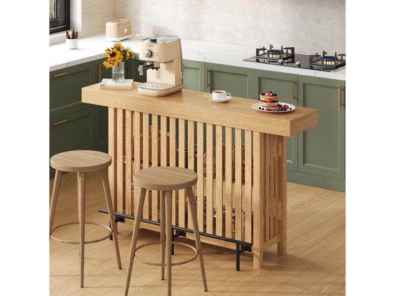  Table de bar - 160x40x105 cm - table haute avec repose-pieds et étagère à 2 niveaux - bois naturel  - Conforama C