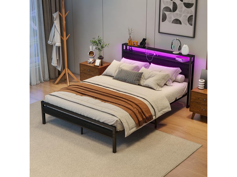  Lit coffre, lit double 140x200 cm, tête de lit avec rangement, led, usb, métal et bois noir  - Conforama D