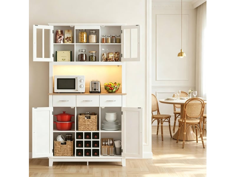 Buffet haut de cuisine blanc et décor chêne 100 x 39,5 x 180 cm, avec éclairage rgb - Conforama D