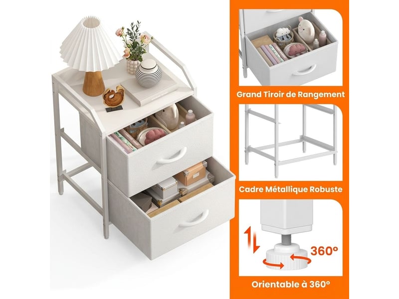  Table de chevet 40x30x55 cm avec deux tiroirs tissu blanc pour chambre  - Conforama B
