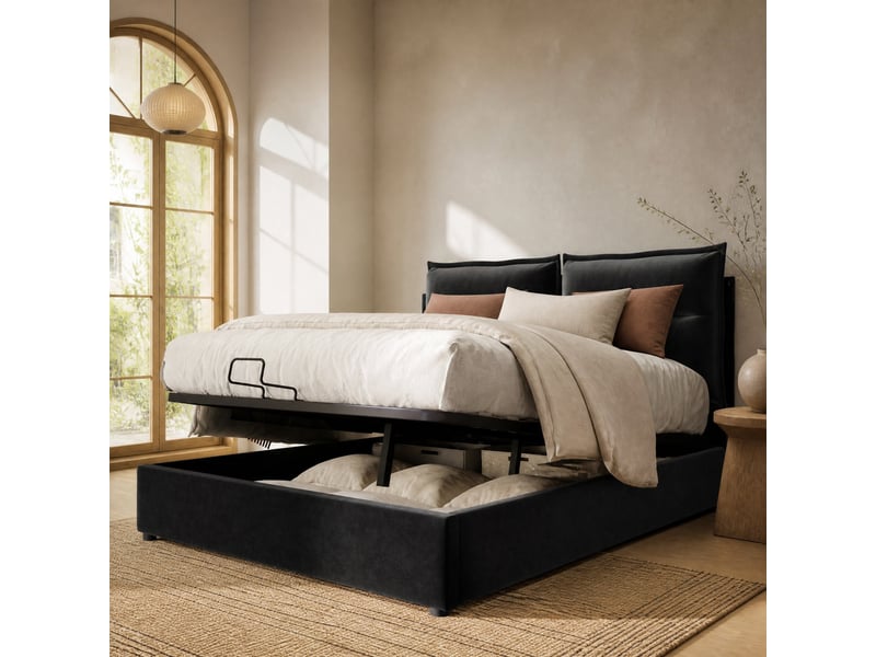  Lit coffre double 140 x 200 cm noir en velours avec matelas, tête de lit réglable  - Conforama D