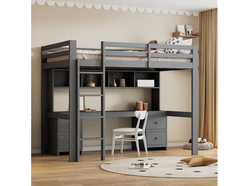  Lit mezzanine enfant 90 x 200 cm gris avec bureau et rangements  - Conforama D