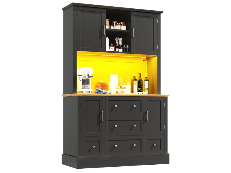 Buffet cuisine 4 portes et 5 tiroirs, 115 x 40 x 180 cm, éclairage led, étagères réglables et dispositif anti-basculement, mdf, noir Morn Vibe - Conforama A