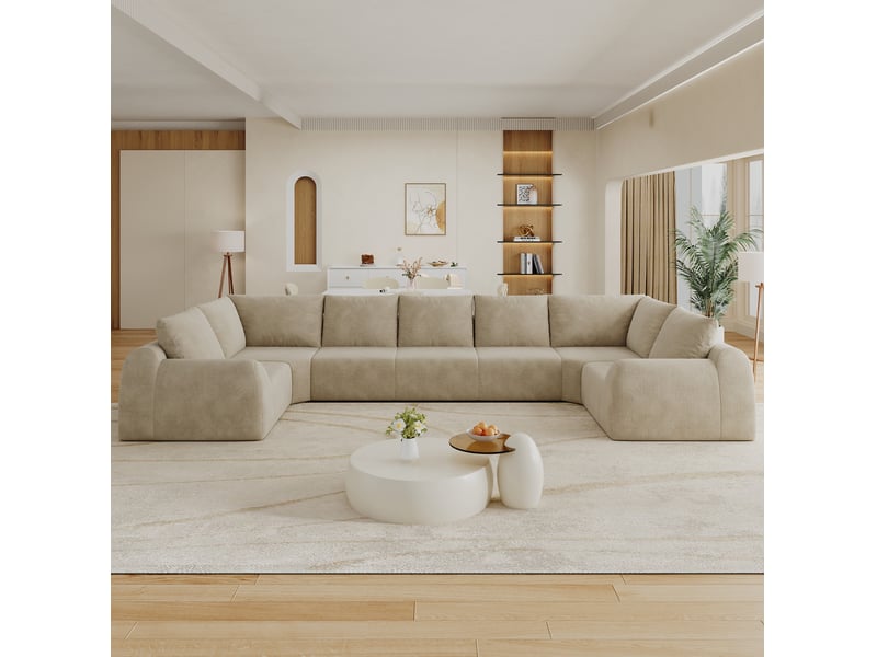  Canapé en u modenvie 7 places 411 x 200 x 85 cm en tissu chenille kaki avec mousse haute élasticité  - Conforama D