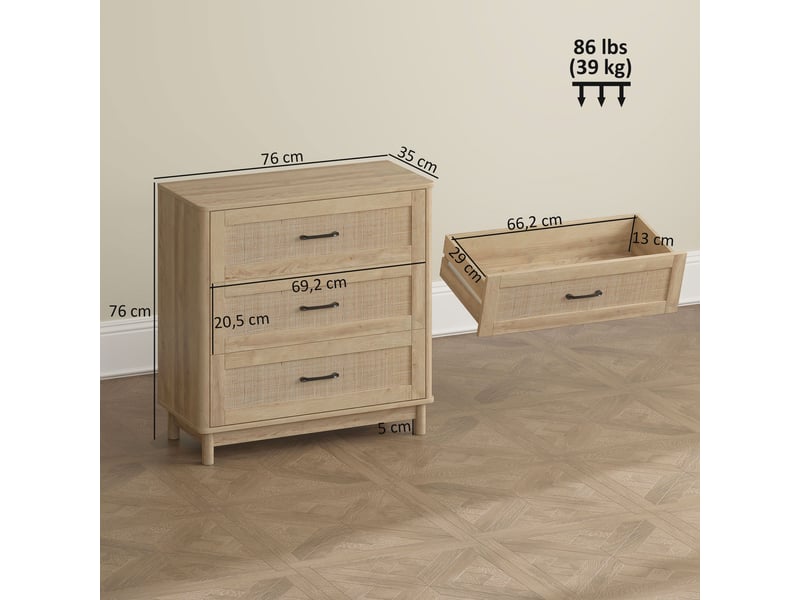  Commode 3 tiroirs en rotin et bois massif coloris chêne 76 x 35 x 76 cm  - Conforama C