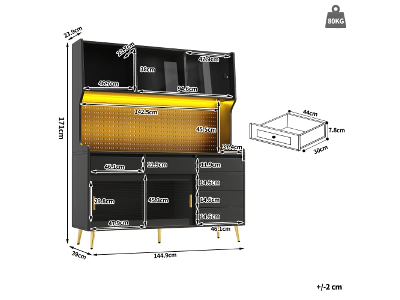 Meuble haut led moderne avec contrôle par app - placard de cuisine ou buffet, noir, tiroirs, rangement, panneau perforé  - Conforama C
