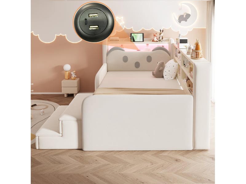 Lit enfant avec rangement 90x200 cm, éclairage led et port usb, métal, beige, sans matelas  - Conforama D