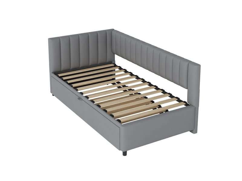  Lit enfant gigogne 90x200cm, gain de place, tête de lit confort, style moderne, velours gris clair, sans matelas  - Conforama E