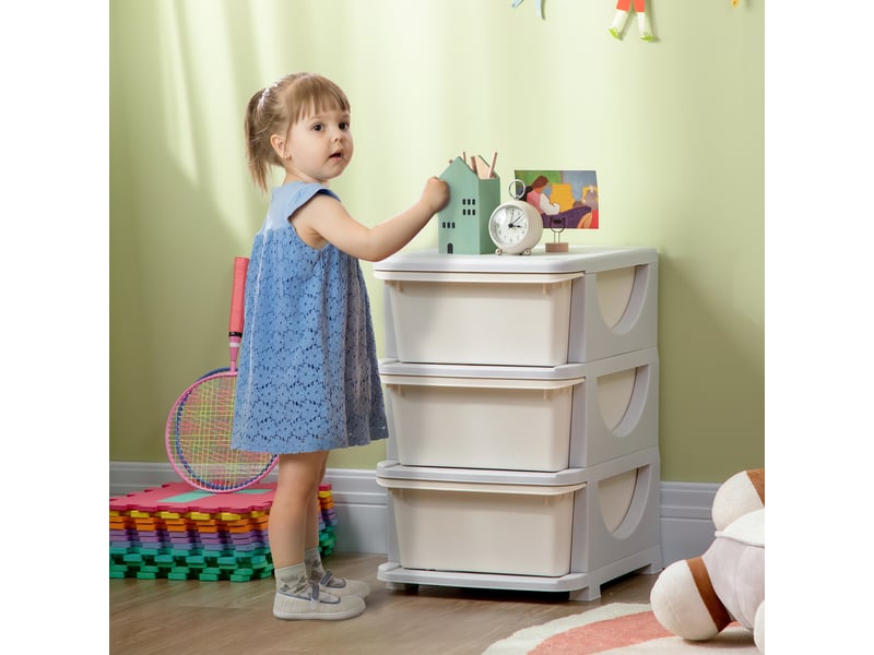  Boîtes de rangement pour enfants, 3 grands tiroirs, bords arrondis, plastique, 37 x 37 x 56,5 cm, blanc crème  - Conforama B