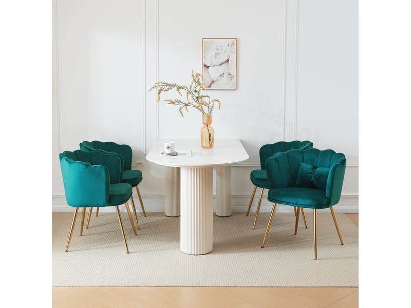  Lot de 4 fauteuils design 63x58x77 cm, dossier pétale, coussins, pieds en métal doré, velours vert  - Conforama D