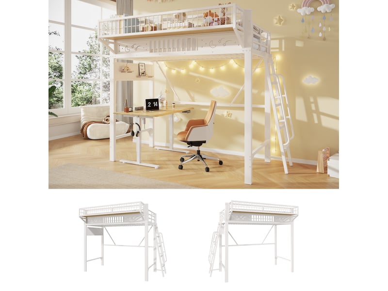 Lit mezzanine 90x200 cm en métal avec rangements coloris blanc  - Conforama E
