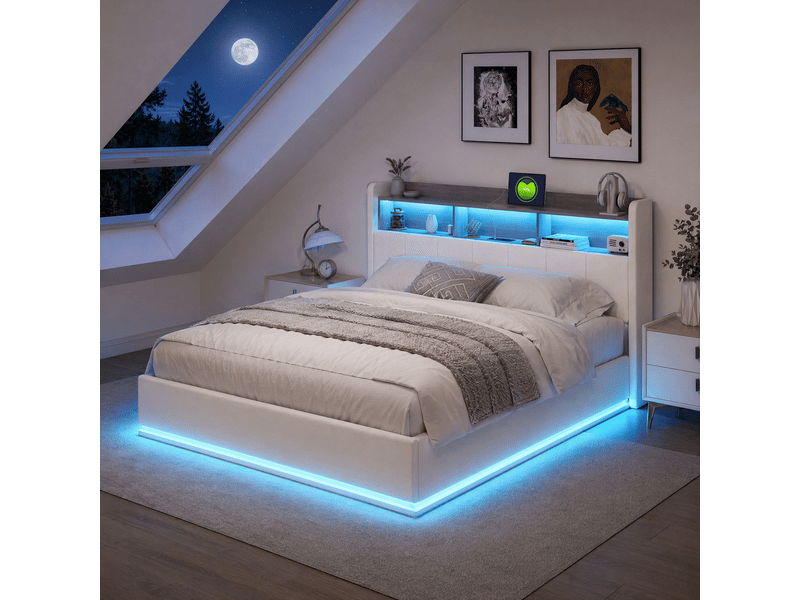 Lit hydraulique 140x200 avec éclairage led, lit coffre avec rangement et tête de lit capitonnée cadre de lit double avec led et chargeur usb lit 2 places avec lattes beige velours, sans matelas - Conforama B