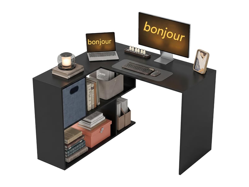  Bureau d'angle avec tiroir en tissu et étagères noir 110 x 100 x 75 cm  - Conforama A