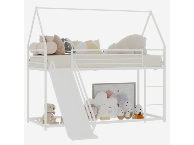 Lit superposé enfant 90x190 cm, lit cabane avec toboggan, forme maison, escalier, blanc, sans matelas - Conforama A