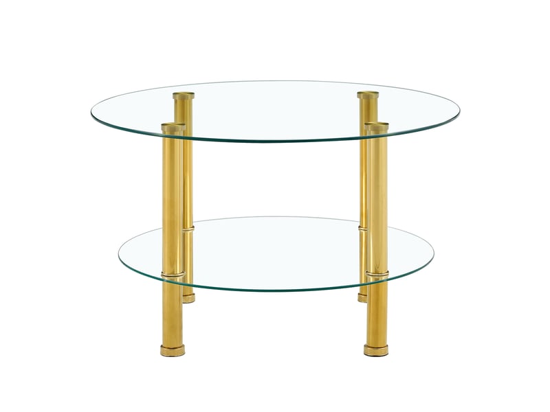  Table basse ulevr ronde à 2 niveaux, plateau en verre trempé ø 70 cm, structure en métal doré, 70 x 42 cm, transparente  - Conforama A