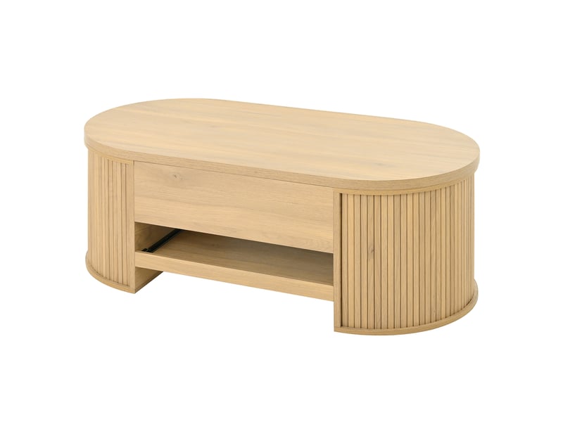  Table basse relevable, table basse avec côtés en bois incurvés, étagère coulissante, plateau relevable, meuble de salon multifonctionnel.  - Conforama D