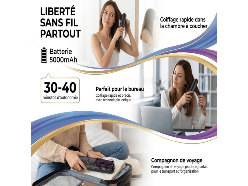  Brosse lissante sans fil céramique mch avec batterie 4000 mah – brosse chauffante ionique anti-frisottis 4 températures et recharge usb-c pour voyage – noir  - Conforama C