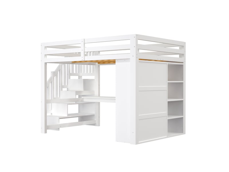  Lit mezzanine 140 x 200 cm avec bureau et armoire, étagères, escalier avec rangement, port usb et led, blanc  - Conforama E
