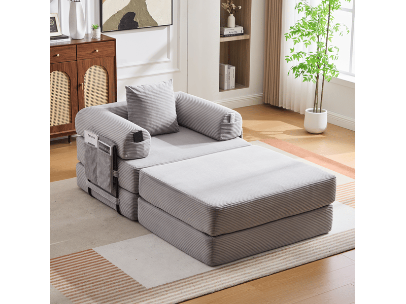  Fauteuil modulable 1 place avec pouf en velours côtelé gris clair - 112 x 190 x 67 cm  - Conforama C