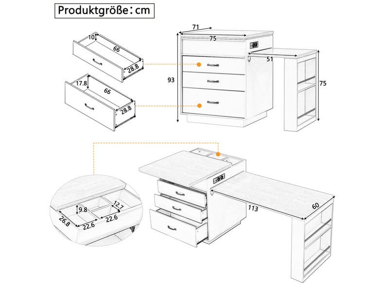  Îlot de cuisine sur roulettes et table extensible, avec éclairage led, prises usb et type-c, bleu, mdf  - Conforama C