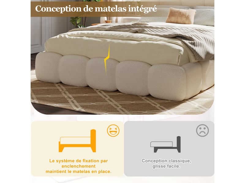  Lit coffre rembourré 180x200 cm, rangement hydraulique, tête de lit capitonnée aux lignes arrondies, sommier à lattes, bouclé blanc Radiant Stride - Conforama E