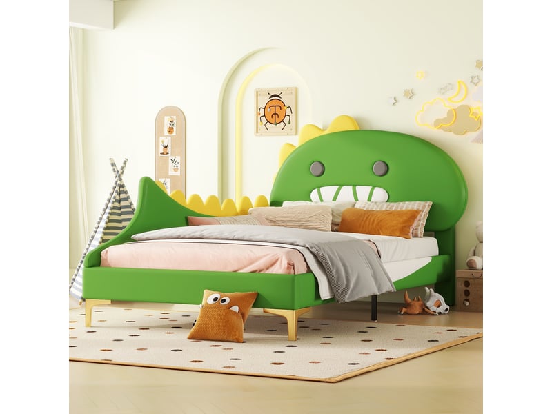  Lit enfant 200×90 cm avec tête de lit en forme de dinosaure, en pu et mdf, vert  - Conforama C