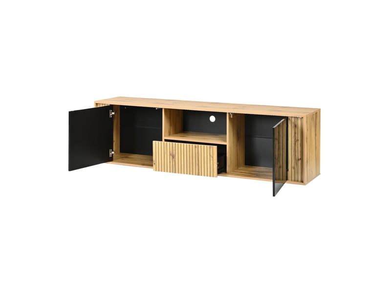 Meuble tv 180x40x51 cm, pour tv jusqu’à 75 pouces, led bluetooth, 2 portes battantes, 1 tiroir, niche ouverte, mdf et aggloméré, noir et bois OMNIGLINT TRADING LTD - Conforama E