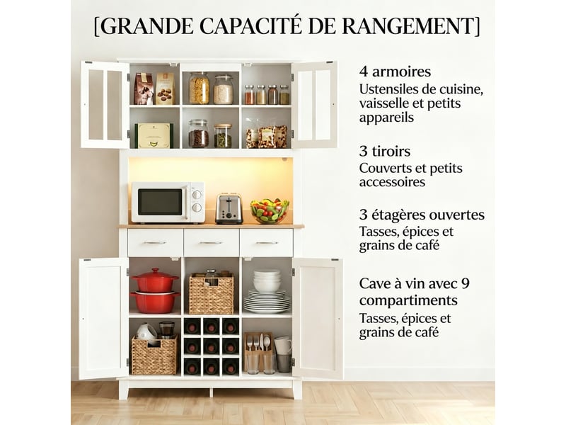  Meuble de cuisine muvano, vaisselier avec portes en verre trempé, blanc et décor chêne, 100 × 39,5 × 180 cm  - Conforama D