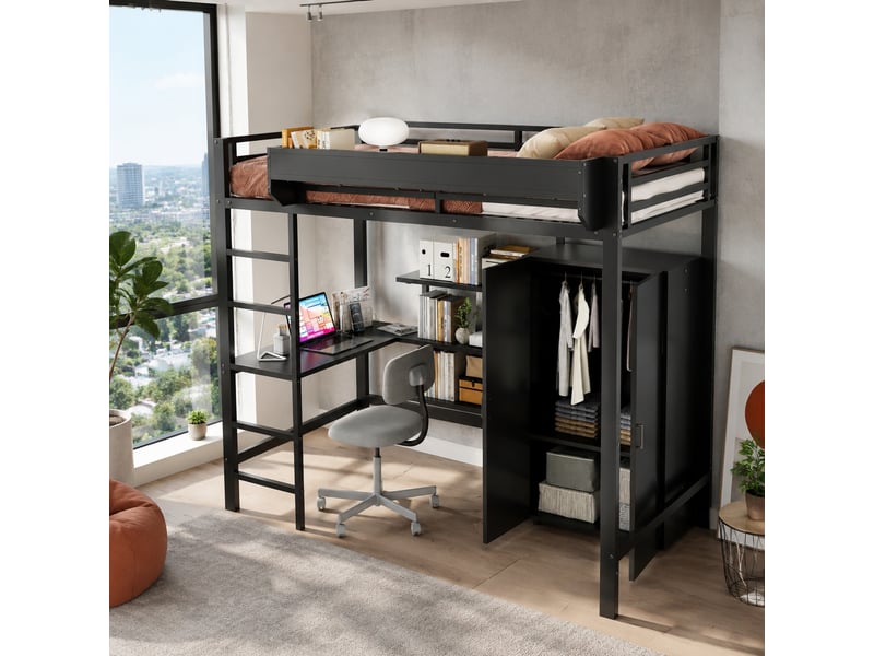 Lit mezzanine enfant 200×90 cm avec bureau, armoire à deux portes et rangements, sans matelas, noir  - Conforama B