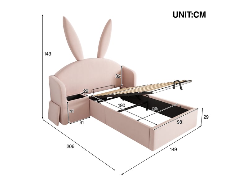  Lit coffre 90x190 cm avec table de chevet en velours rose  - Conforama E