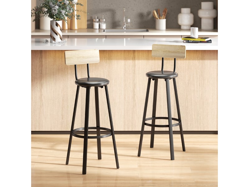  Lot de 2 tabourets de cuisine hauts avec dossier et repose-pieds, revêtement en polyuréthane, hauteur d'assise 75,5 cm, coloris naturel et noir.  - Conforama C
