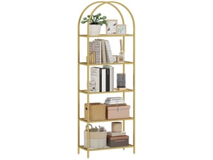 Étagère de rangement cintrée à 5 niveaux en acier et verre trempé, 60 x 30 x 175 cm, dorée