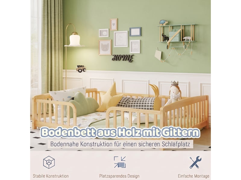  Lit bas enfant 2 places 140×200 cm avec barrière et accès central, sans matelas - okmyhome- en pin naturel  - Conforama E