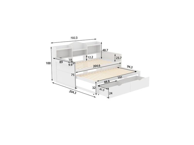  Lit gigogne 90 x 200 cm blanc avec rangement, lit tiroir 90 x 190 cm et prise usb  - Conforama E