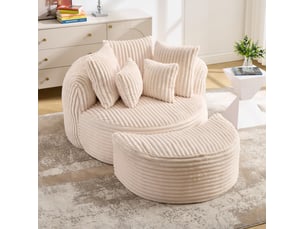 Fauteuil de lecture rond en velours côtelé beige avec pouf mobile et 5 coussins, pour votre salon ou chambre