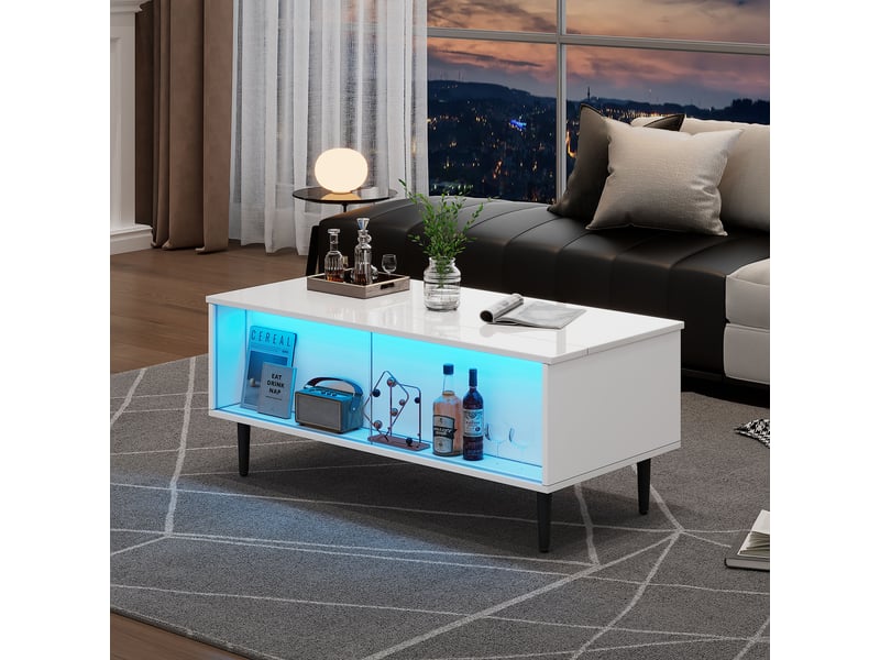  Table basse relevable 105x50 cm avec rangement caché, table basse led blanche brillante, portes en verre trempé  - Conforama E
