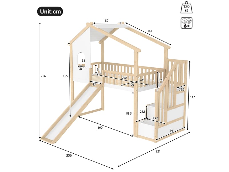  Modenvie lit mezzanine 90x200 cm - avec toboggan, échelle avec rangement, sans matelas - naturel et blanc  - Conforama C