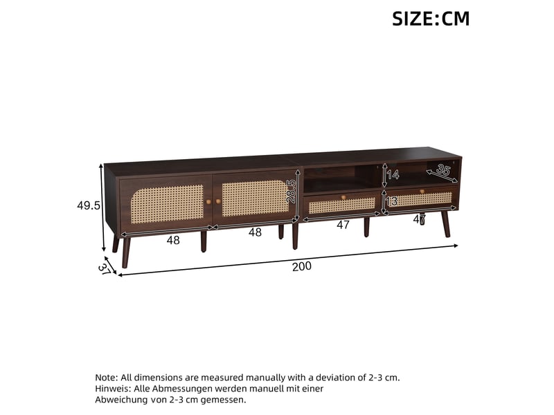  Meuble tv 200x37x49,5cm avec 2 tiroirs et 2 portes, rotin pe, poignées rondes en bois, panneaux de particules, marron  - Conforama D