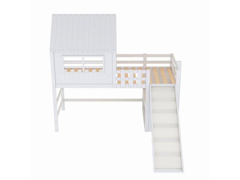  Lit mezzanine enfant 90×200 cm avec toboggan, échelle, rangements en bois massif et mdf blanc sans matelas  - Conforama D