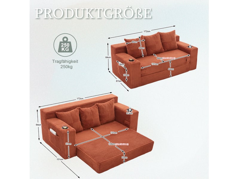 Canapé modulable 3 places 172x87x64 cm avec porte-gobelets et poches latérales orange - Conforama E