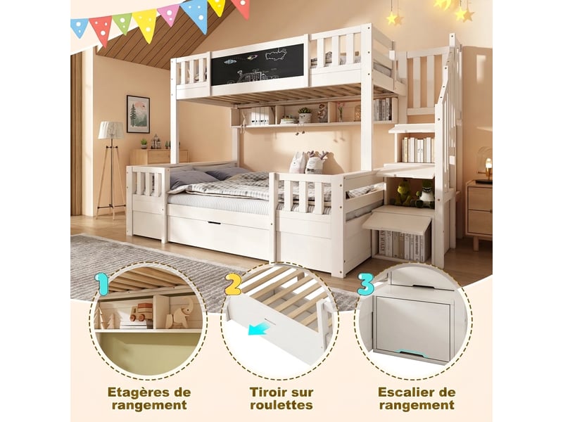  Lit superposé 3 places 90x200 et 140x200 bois massif blanc - tableau noir et escalier de rangement  - Conforama R