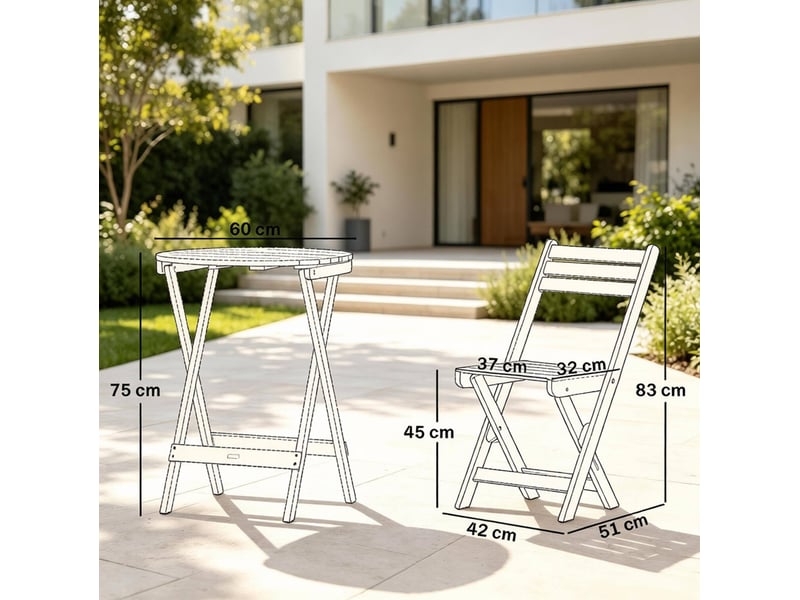  Ensemble détente extérieur avec 1 table et 2 chaises pliantes pour 2 personnes, en bois d'acacia naturel  - Conforama D