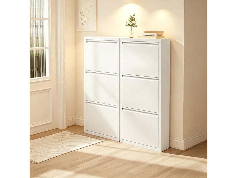  Meuble à chaussures lot de 2 avec 3 abattants pour entrée en métal 50×15×106 cm blanc  - Conforama A