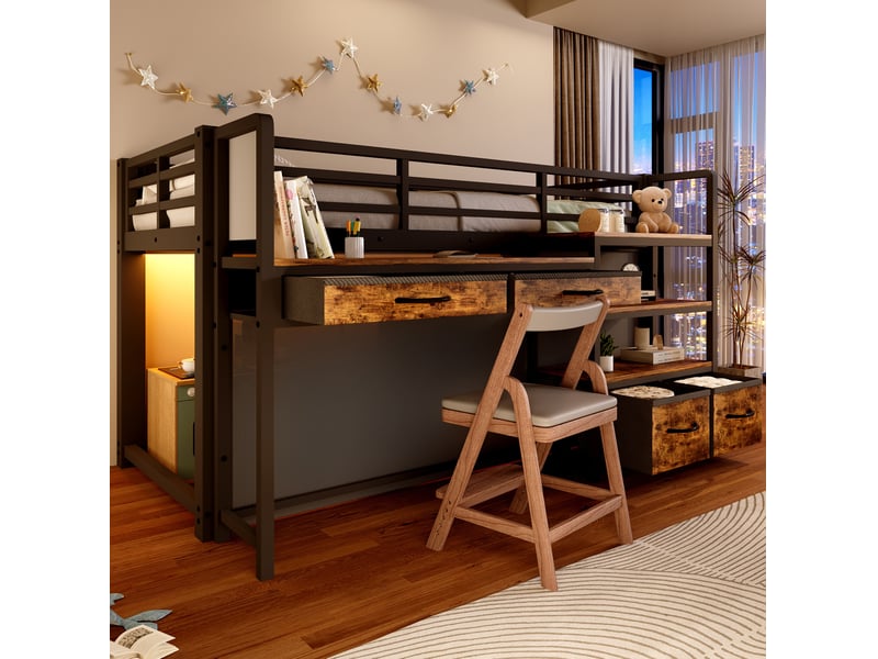  Lit mezzanine 90 × 200 cm avec bureau, étagères, tiroirs en tissu, rideau et éclairage led pour chambre d'enfant  - Conforama D