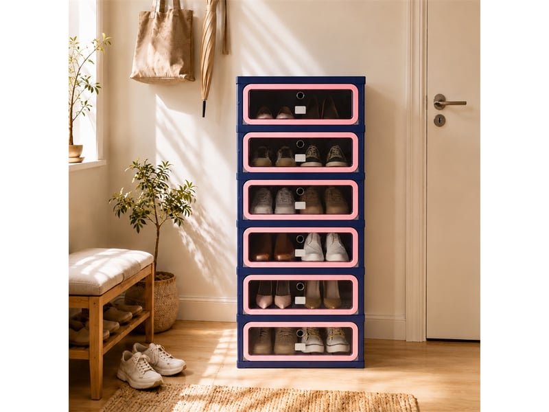  Meuble à chaussures 45x34.5x105.5cm - étagère pliable 1 colonne 6 niveaux - meuble de rangement en plastique - bleu et rose  - Conforama C