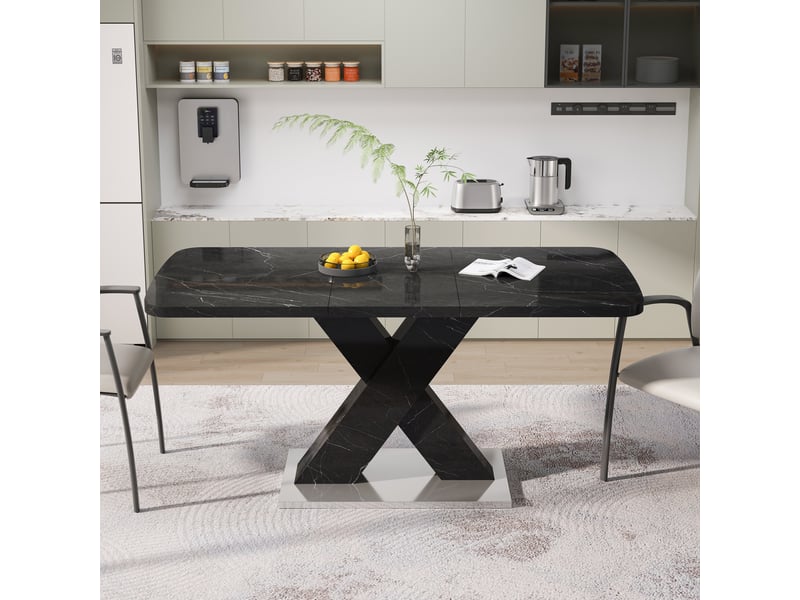  Table à manger extensible 120-160 x 80 cm, plateau mdf effet marbre noir, piètement en x avec base métal, table rectangulaire moderne  - Conforama C