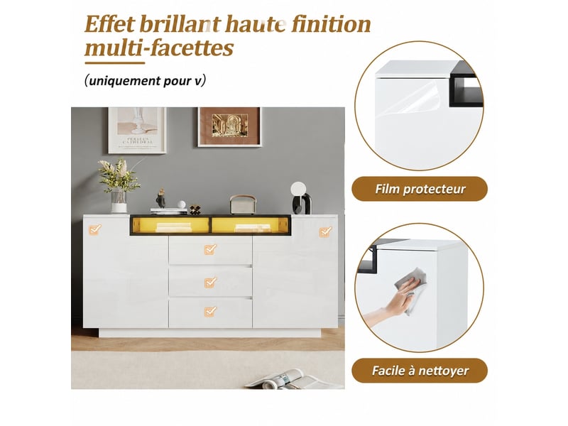  Buffet 140 cm brillant 2 portes 3 tiroirs, meuble de rangement avec led, buffet de salon blanc et noir  - Conforama E