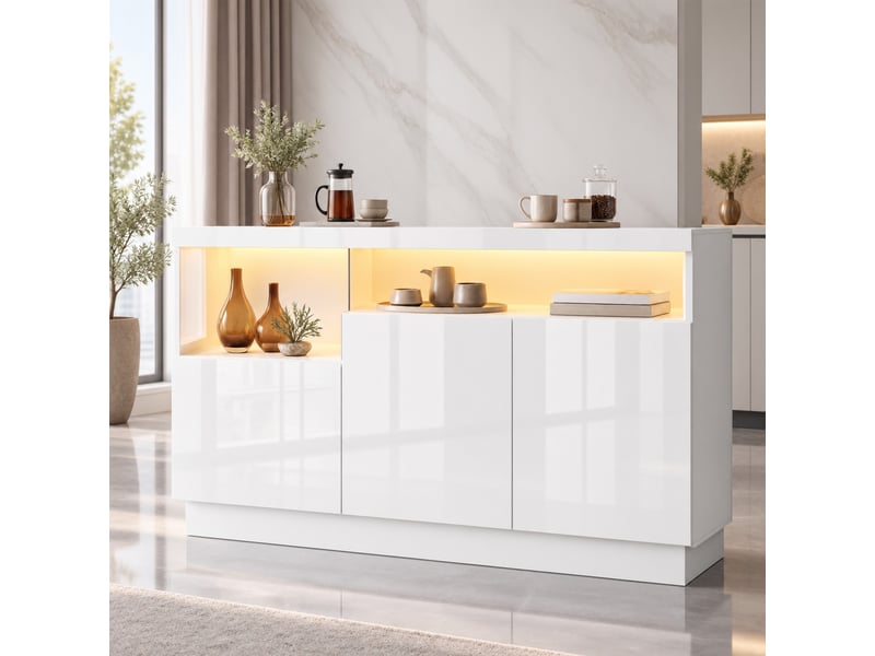  Buffet 140x36x80 cm avec éclairage led contrôlé par application, panneau de particules blanc  - Conforama C