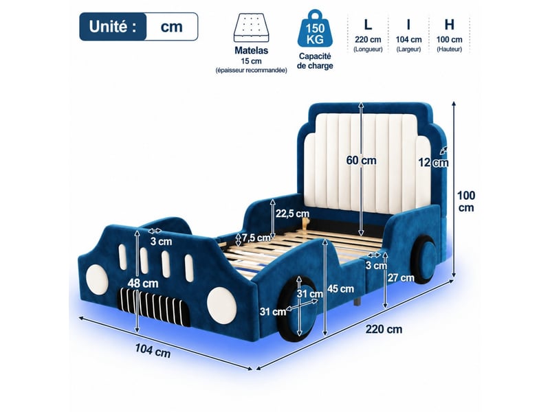 Lit enfant voiture 90x200 cm en velours, avec barrière de sécurité et éclairage led, bleu - Conforama C
